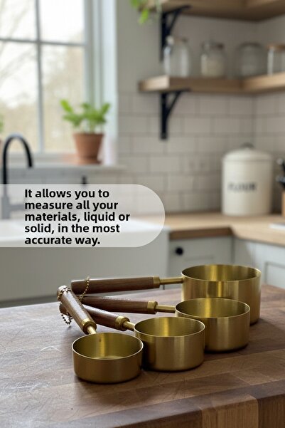 Vienev 4 Piece Measuring Cup Set with Wooden Handle |   Decorative and Functional Metal Measuring Cup Set