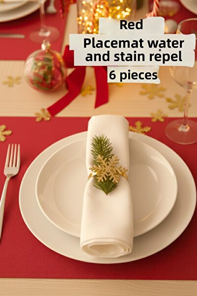 KAMİZ Red Water and Stain Repellent American Service Placemat Set 6 Pieces Dowry Set