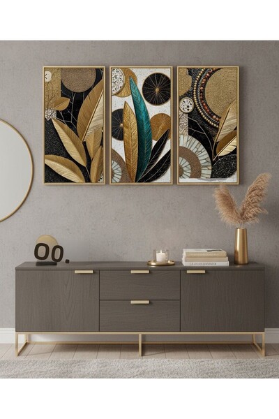 Linacci Triple Gold Metal Frame Leaf Black Poster Glass Painting Set