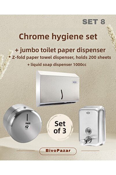 Palex 3-Piece Hygiene Set - Chrome (Liquid Soap Dispenser + Toilet Paper Dispenser + Z-Fold Towel Dispenser)