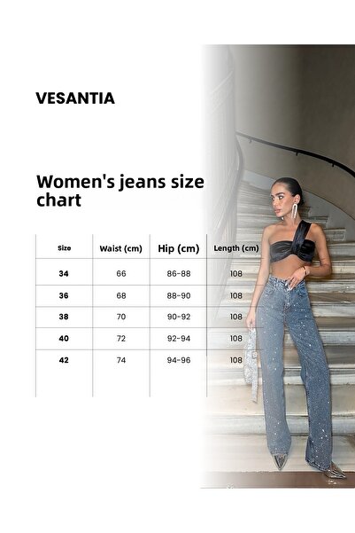 vesantia Blugi de damă 3D cu trandafir alb, cu detaliu Palazzo Relax, cu tali...