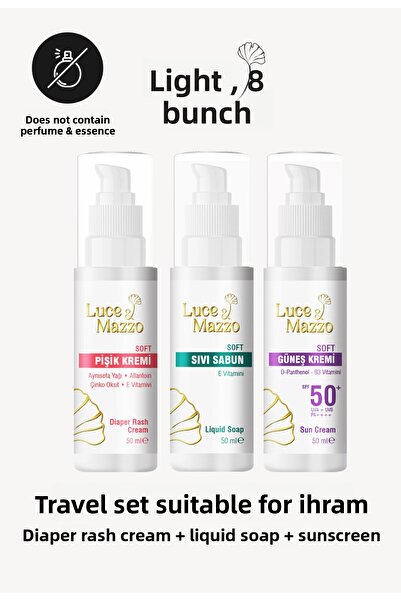 Luce & Mazzo طقم إحرام غير معطر مناسب للسفر يحتوي على واقي شمس، صابون سائل، ك...