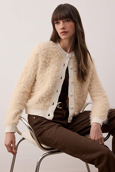 Trendyol Collection Beige Soft Textured Fuzzy Knitwear Cardigan Twoaw26Hi00279