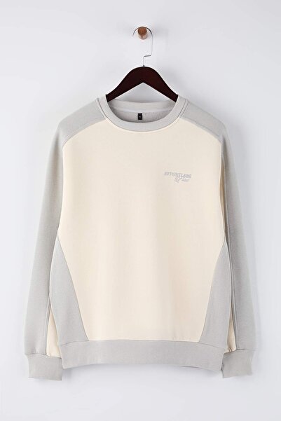 Trendyol Collection Γκρι-εκρού Unisex Νέο oversized / Φούτερ με φαρδιά εφαρμογή κεντημένο με κείμενο και χοντρό φλις εσωτερικά TMNAW26SW00023