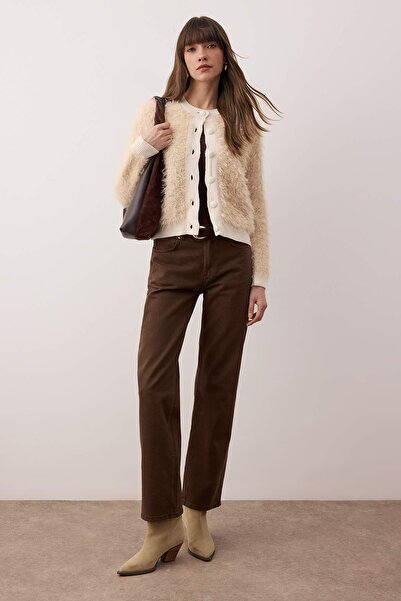 Trendyol Collection Beige Soft Textured Fuzzy Knitwear Cardigan Twoaw26Hi00279