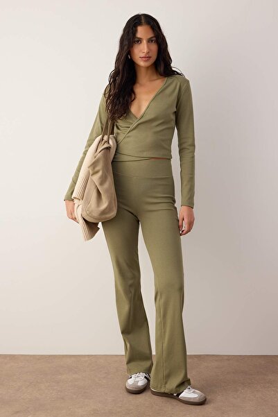Trendyol Collection Khaki Double Breasted Closure Bodycon Long Sleeve Stretchy Knitted Bottom-Top Set Twoaw26Au00029
