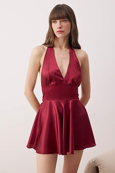Trendyol Collection Burgundy Lace Detailed Satin Woven Nightgown Thmaw26Gc00006