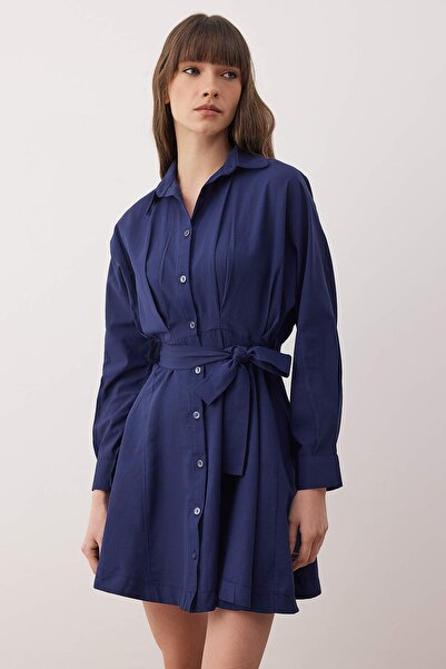 Trendyol Collection Navy Blue Belted Mini Woven Shirt Dress Twoaw25El00154