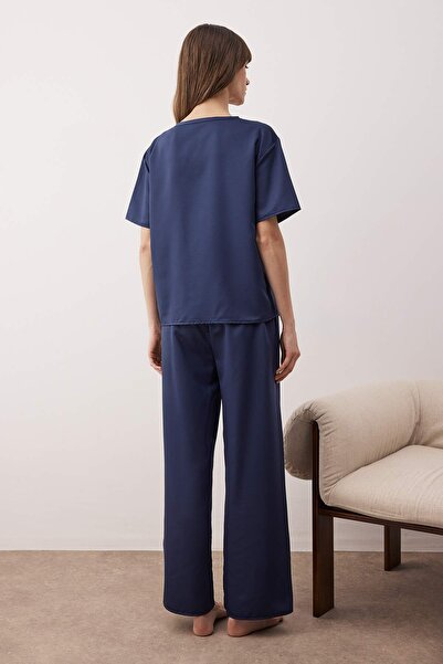 Trendyol Collection Lacivert Mat Saten Dokuma Pijama Takımı THMAW26PT00032