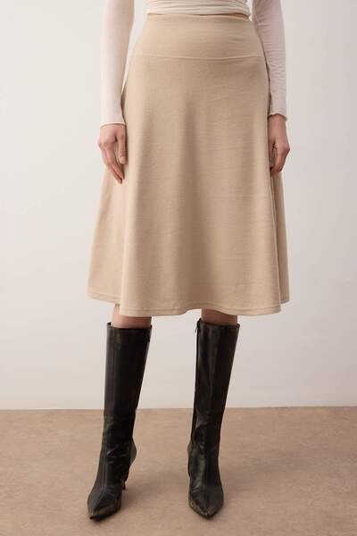 Trendyol Collection Beige Thessaloniki A-Line/Bell-Bottom Midi Knitted Skirt Twoaw26Et00149
