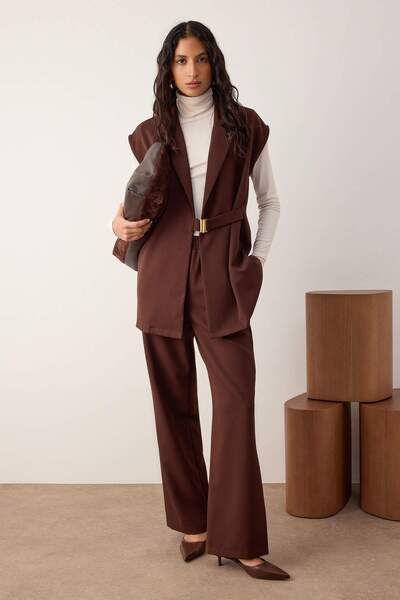 Trendyol Modest Brown Relaxed Finike Plain Woven Hijab Bottom - Top Set Tctss25Us00024