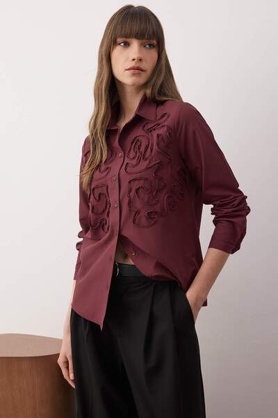 Trendyol Collection Burgundy Textured Oversized Woven Shirt Twoaw26Go00019