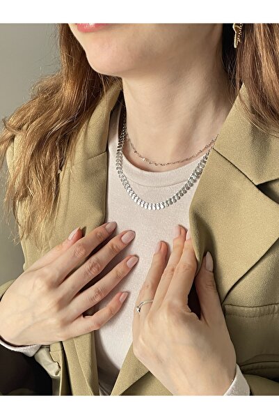 MARCİELO Accessories Kadın Gümüş Renk Çelik Kolye Singapur Pullu İkili Set