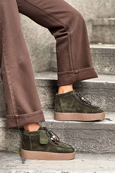 NİŞANTAŞI SHOES Jayla Haki Hakiki Süet Deri Bağcık Detay Kalın Taban Kadın Bot