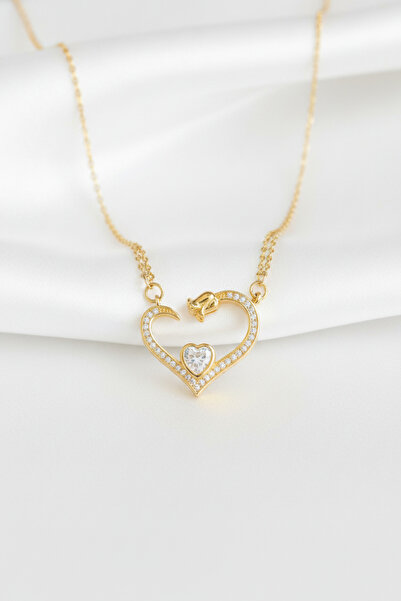 özgül takı ve tasarım Kalp ve Lale Model Zirkon Taşlı Paslanmaz Çelik Gold Re...