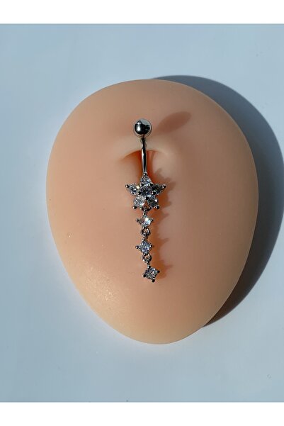 kurukafagift Göbek Çelik Piercing Uzun Sallantılı Taşlı Papatya Model