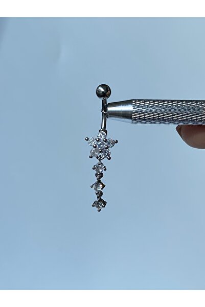 kurukafagift Göbek Çelik Piercing Uzun Sallantılı Taşlı Papatya Model