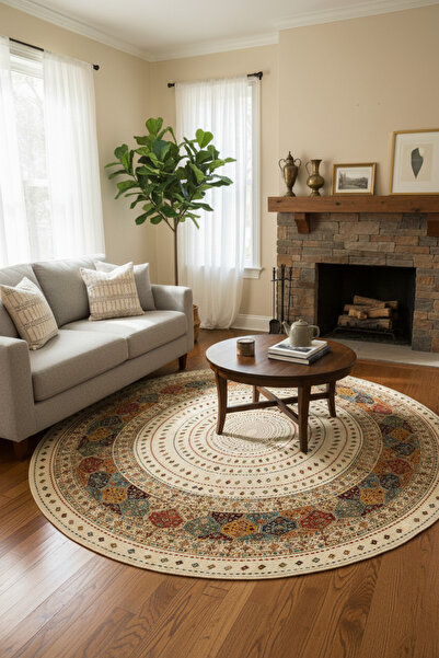 Roslyn Home Yuvarlak Etnik Desen Kaymaz Taban Makinede Yıkanabilir Kadife Kumaş Süngerli Dot Taban Antre Halısı