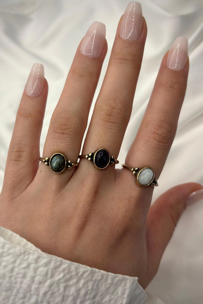 Leo'Stone سلسلة كلاسيكية قابلة للتعديل من الفولاذ المقاوم للصدأ ومضادة للتشويه، تصميم بأكمام 3 نقاط، خاتم برونزي من الحجر الطبيعي الجمشت