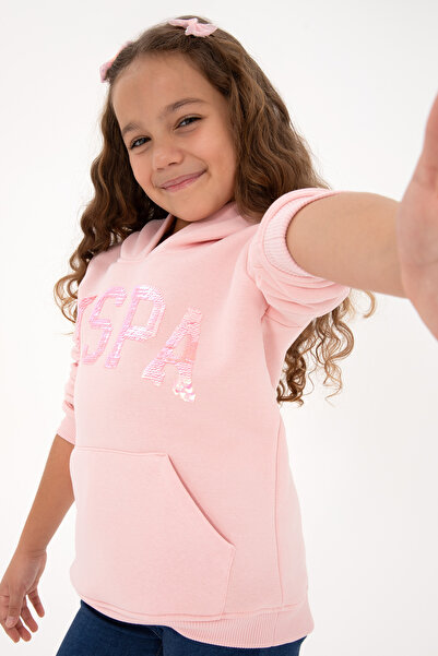 U.S. Polo Assn. Kız Çocuk Toz Pembe Payet İşlemeli Şardonlu Kapüşonlu Basic S...