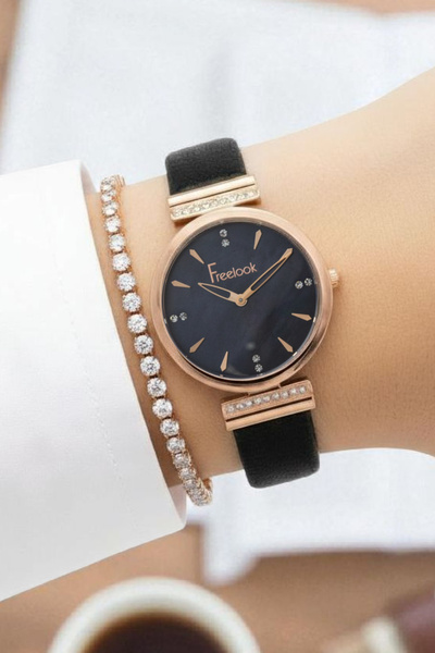 Freelook Kadranlı Siyah Deri Kayışlı Kadın Kol Saati + Bileklik Hediyeli