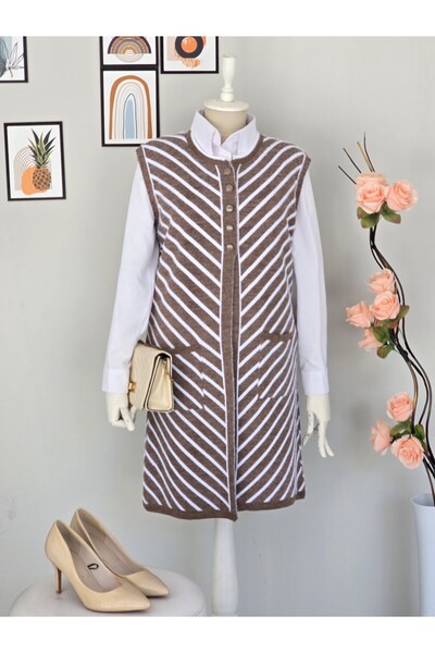 ENDAMIM Long Wool Knitwear Front 3 Buttons Striped Plus Size Knitwear Vest