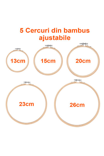 OptimStar Kit de brodat cu 124 de fire colorate, cercuri de bambus, unelte și accesorii,