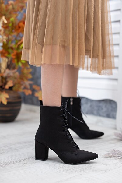 DURUNUN BUTİĞİ Duliz Siyah Süet Sivri Burun Bağcıklı Günlük Kadın Bot