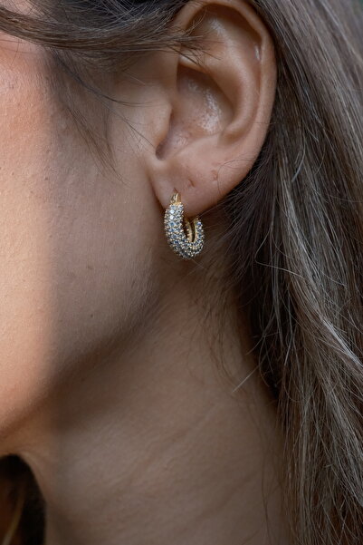 GİS JEWELRY Tam Taşlı Bombeli Gold Küpe