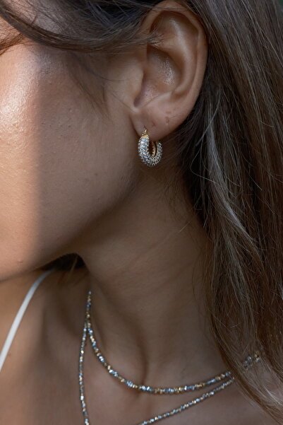 GİS JEWELRY Tam Taşlı Bombeli Gold Küpe