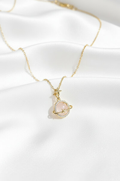 özgül takı ve tasarım Paslanmaz Çelik Altın Renk Ay Yıldızlı Gezegen Kadın Kolye