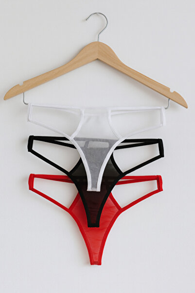 ŞAHANE İÇ GİYİM Original 3-Piece Fancy Red White Black Transparent String Panties Thong Set (Large Size)