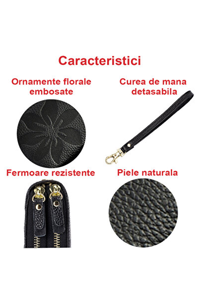 OptimStar Women's wallet, genuine leather, RFID protection, 2 main compartments, 19x10x4.5cm, Black