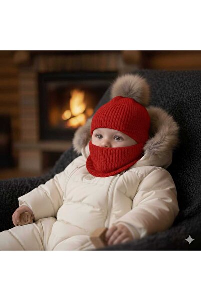 BEGİN Red Color Gift Hand Knitted Baby Beanie with Pompom Neck Collar 0 - 1 Years Old