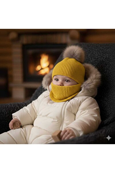 BEGİN Yellow Color Gift Hand Knitted Baby Beanie with Pompom Neck Collar 0 - 1 Years Old