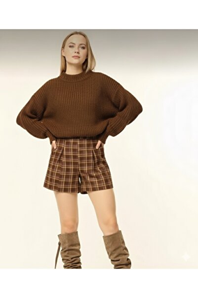 Linich&Co Brown Plaid Pleated High Waist Shorts