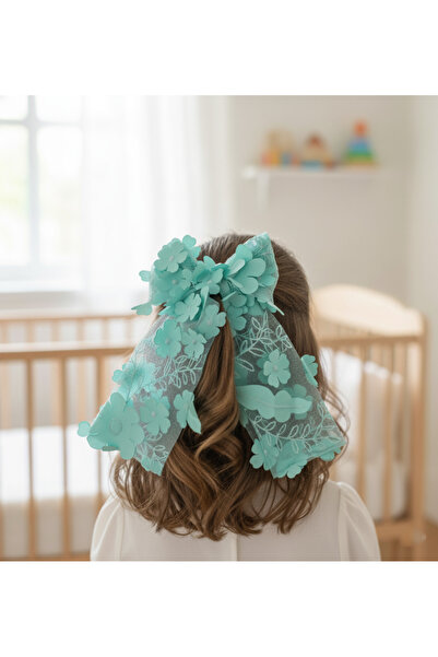 chipiques Üç Boyutlu Çiçekli Turkuaz Organze Balerin Fiyonk Klips