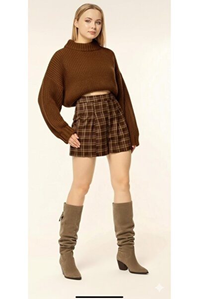 Linich&Co Brown Plaid Pleated High Waist Shorts