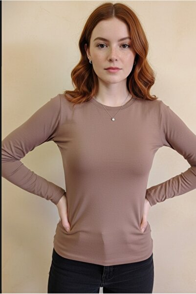 moda felinya Women's Coffee-Colored Crew Neck Long Sleeve Bodysuit