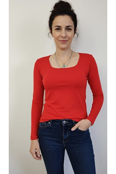 moda felinya Women's Red Square Neck Long Sleeve Bodysuit