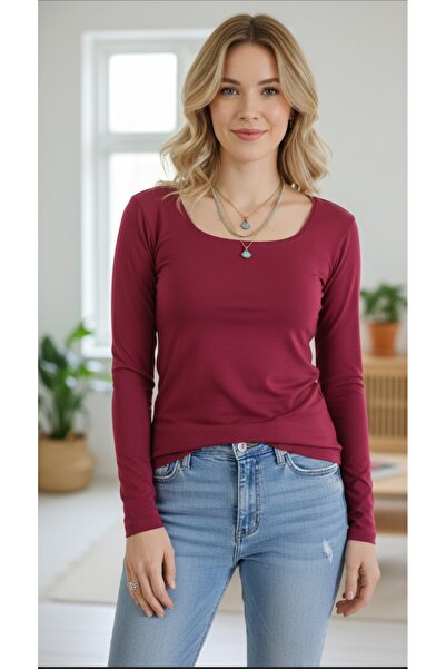 moda felinya Women's Burgundy Square Neck Long Sleeve Bodysuit