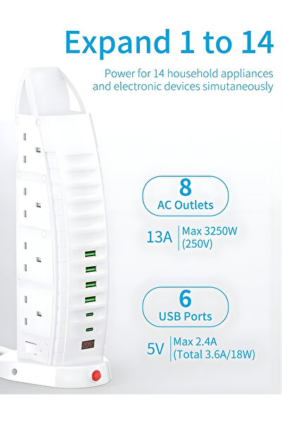 powermax 14-in-1 Power Tower - 8 AC Outlets & 6 USB Ports, 5M Cord, 3250W/13A, UK Plug