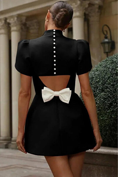 Mostpera Sırt Kelebek Dekolteli Fiyonk Detay Tasarım Kısa Kollu Mini Elbise