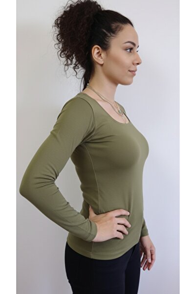 moda felinya Women's Khaki Square Neck Long Sleeve Bodysuit
