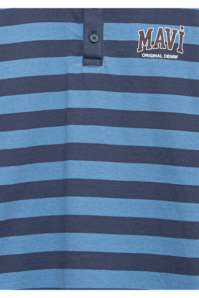 Mavi Çizgili Polo Tişört Loose Fit / Bol Rahat Kesim 6610353-89154