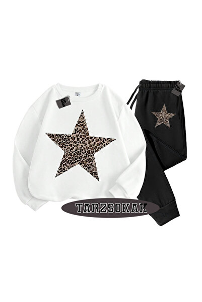 Tarzsokak Beyaz Biskilet Leopar Yıldız Detaylı ikili TAKIM