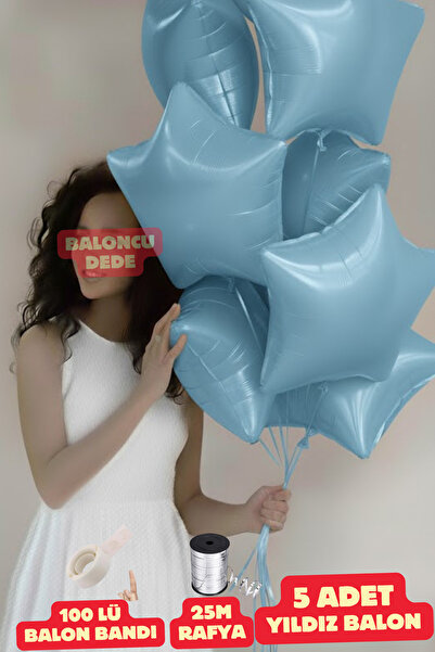Baloncu Dede بالون فويل على شكل نجمة باللون الأزرق الفاتح، 5 قطع، بالون متواف...