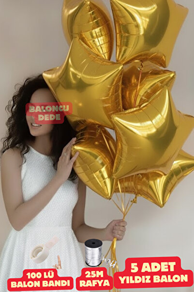 Baloncu Dede Gold Yıldız Folyo Balon 5 Adet Helyum Uyumlu Balon Sevgili ve Öz...