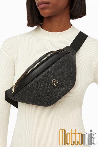 Newish Polo Mottomia Black Monogram Patterned Women's Waist Bag Vegan Leather Daily Sports Crossbody Bag