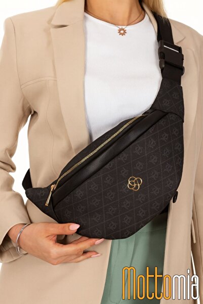 Newish Polo Mottomia Brown Monogram Patterned Women's Waist Bag Vegan Leather Daily Sports Crossbody Bag